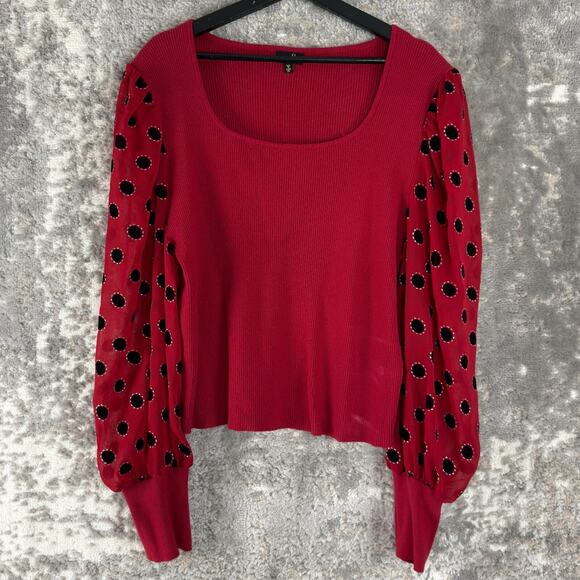 On twelfth Plus Size 3X Ribbed Polka Dot Square Neck Blouse Red Long Sleeve Top - Picture 1 of 10